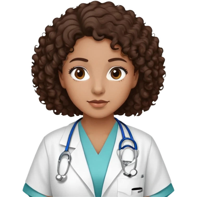 mulher com cabelo cacheado castanho escuro, pele marrom médio, olhos castanhos escuros, usando jaleco hospitalar, sem estetoscópio emoji