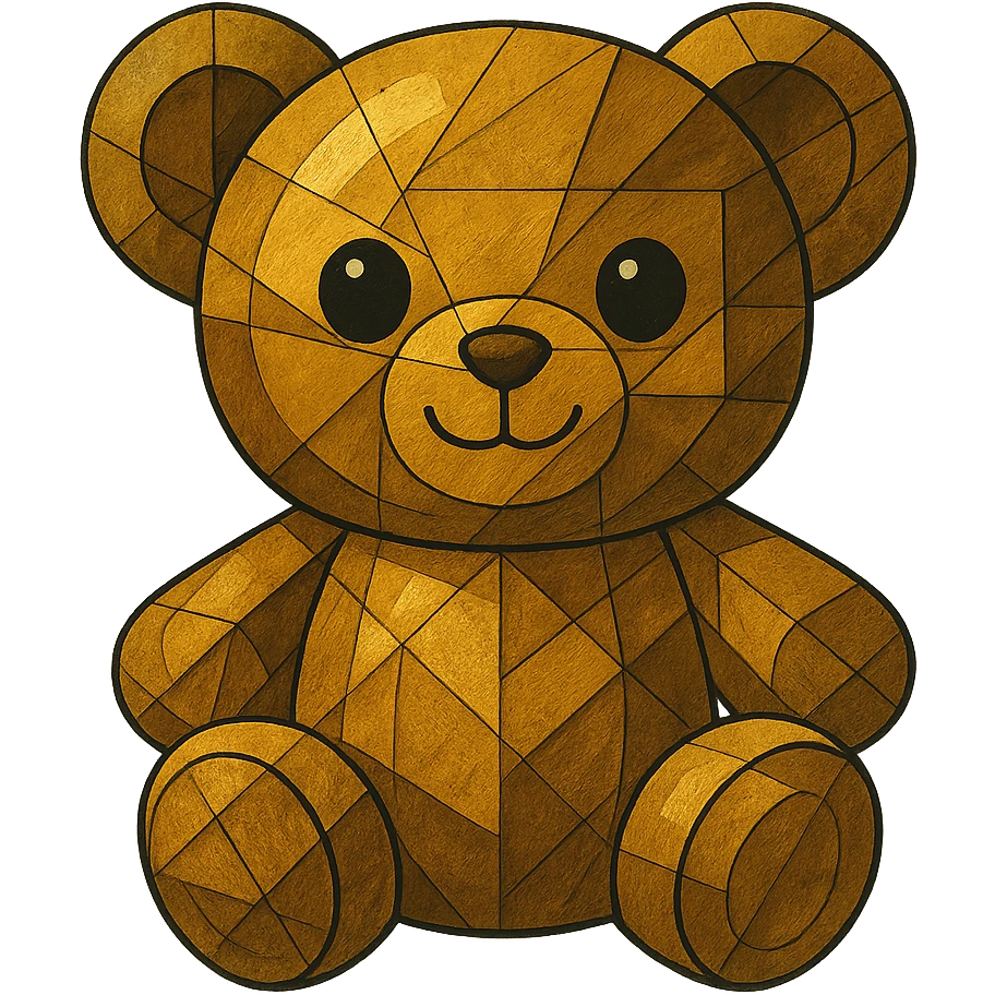 Make the gold cubist abstraction teddy bear cuter with a rounder face, bigger eyes, and a small smile. Keep it metallic and shiny with no background. emoji