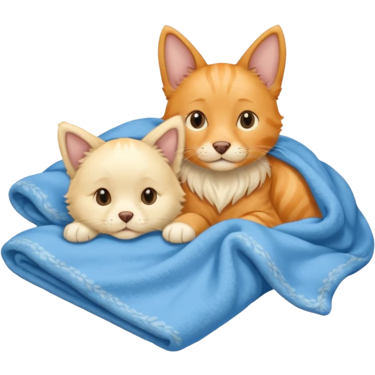 An Orange cat with pointy ears and an English cream retriever dog with floppy ears in a blue blanket  emoji
