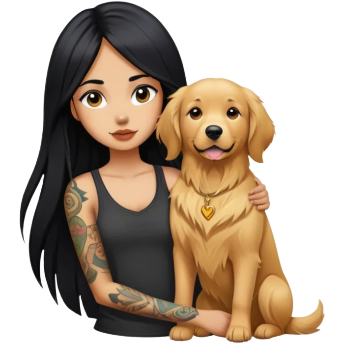 girl with long black  straight hair and tattoos and  a golden retriever emoji
