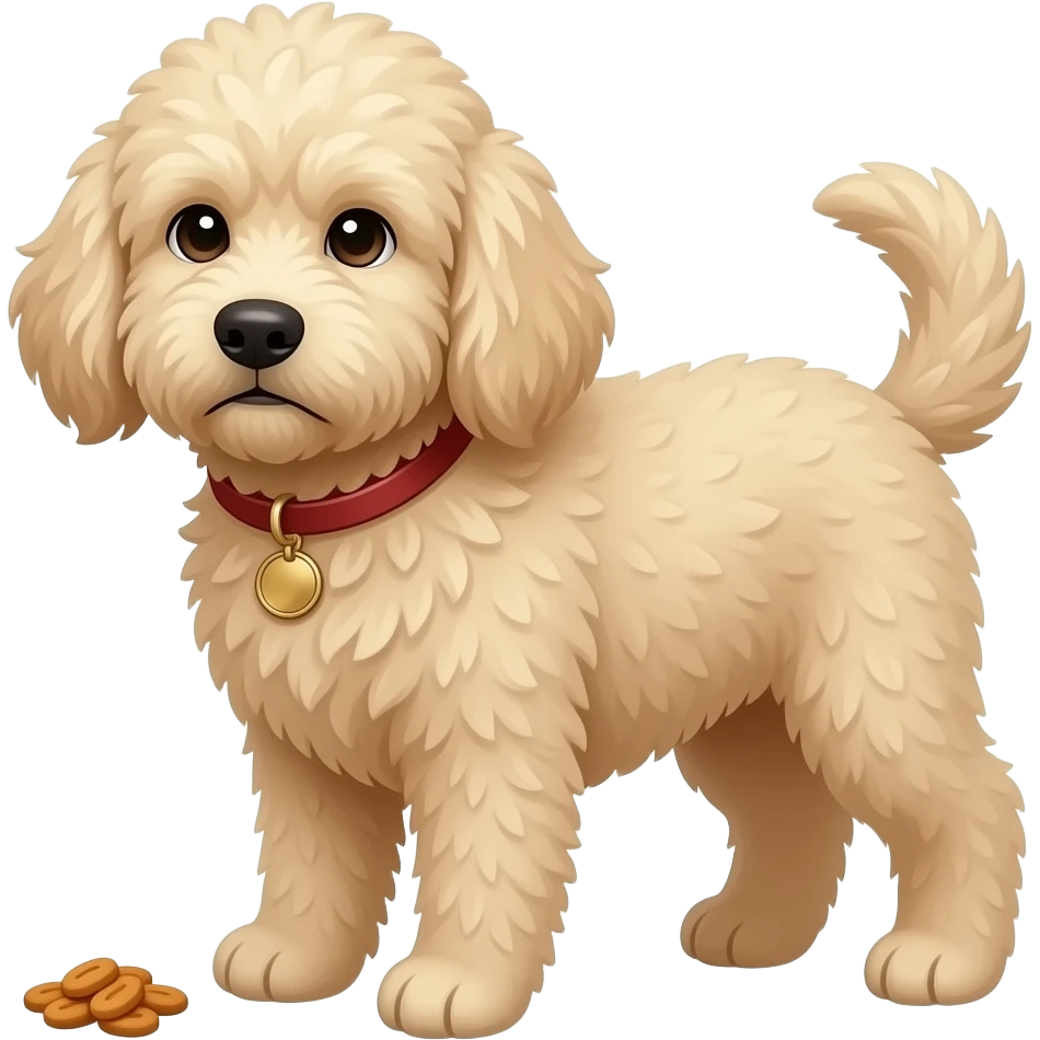 large goldendoodle, light tan, with a look of judgement wanting food emoji