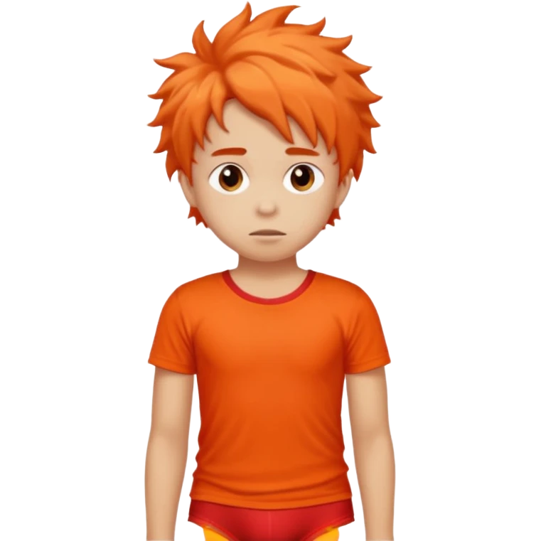 A kid wearing a red pooped underwear with a orange t-shirt looking back emoji
