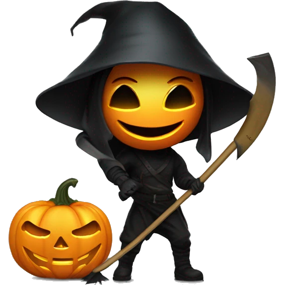 Human female pumpkin hunter with a scythe, glowing pumpkin eyes inside a black helmet, Halloween theme, emoji" emoji