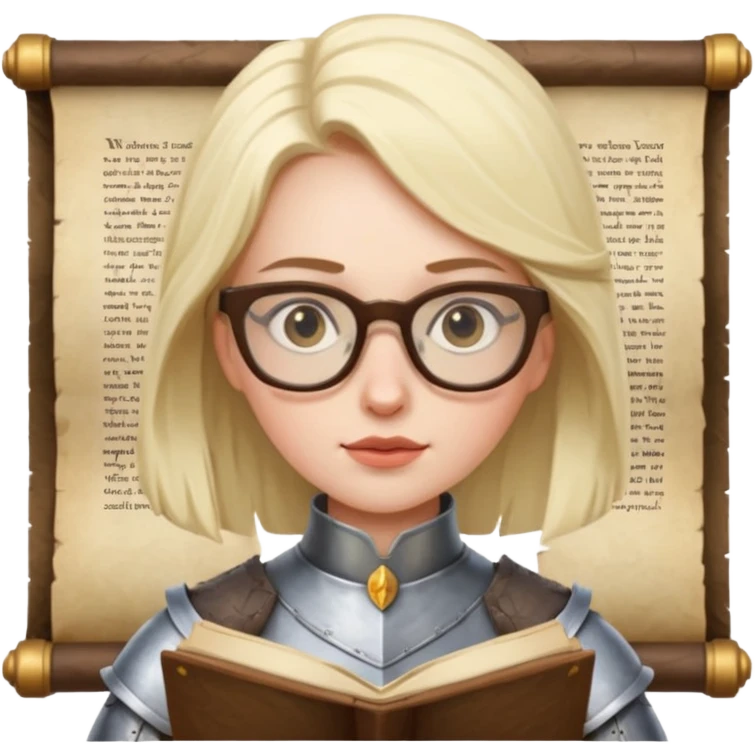 Female knight reading scroll, wearing glasses — curious expression. emoji