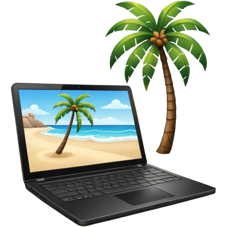 An open laptop in the foreground on the beach. Background shows sea, sun, and a palm tree. No people, no text emoji