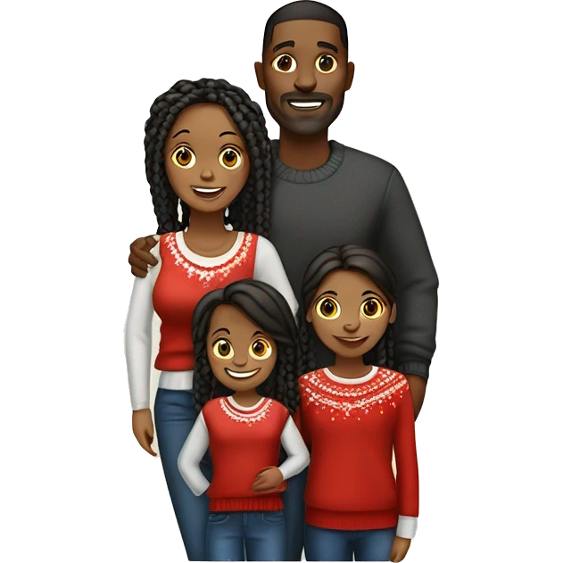 Black family of four members with Dad, Mom, Son, and Daughter. The Son and Daughter are teenagers. The Mom has braids. The Dad is light skinned.All family members are wearing Christmas sweaters and Santa hats.  emoji