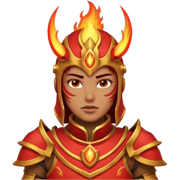 desert fire warrior portrait, head and shoulders only, red-gold armor collar, glowing fire accents, powerful gaze, fantasy desert vibe, 3D cartoon, mobile game icon style, clean background, no text, no watermark
 emoji