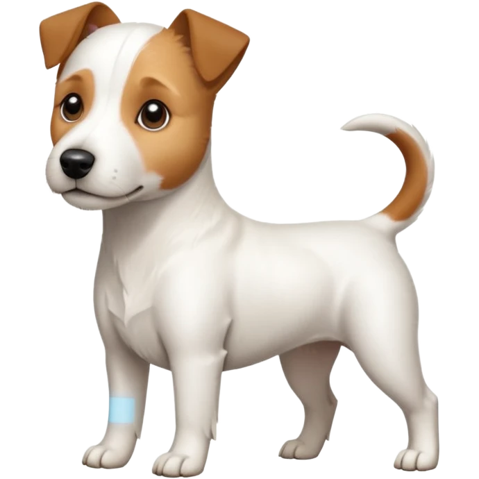 a full body slightly chubby white parson russell terrier looking dog the size of a kelpie with light brown long ears and a light brown patch on one eye and a large snout. the rest of the dog is completely white emoji