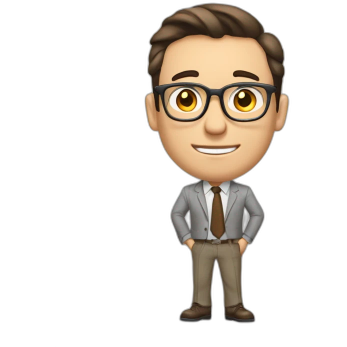 Pale skinned fit man with dark brown hair in gray jacket, beige office shirt, brown tie, brown pants and vintage glasses Writing on the flipchart emoji