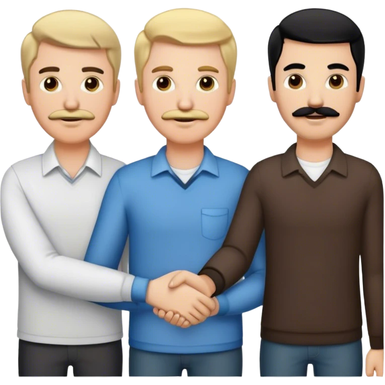 Three men holding hands, all white, one with blonde hair, one with black hair and a mustache and one with brown hair and stubble emoji