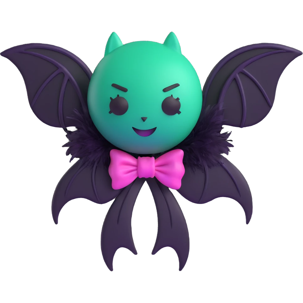 3D emoji gothic bow, midnight green silk, silver bat brooch, black feather accents, mysterious and lush emoji