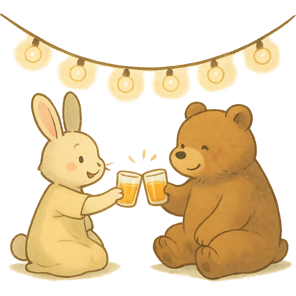 bunny and bear clinking juice cups under string lights, soft Ghibli style emoji