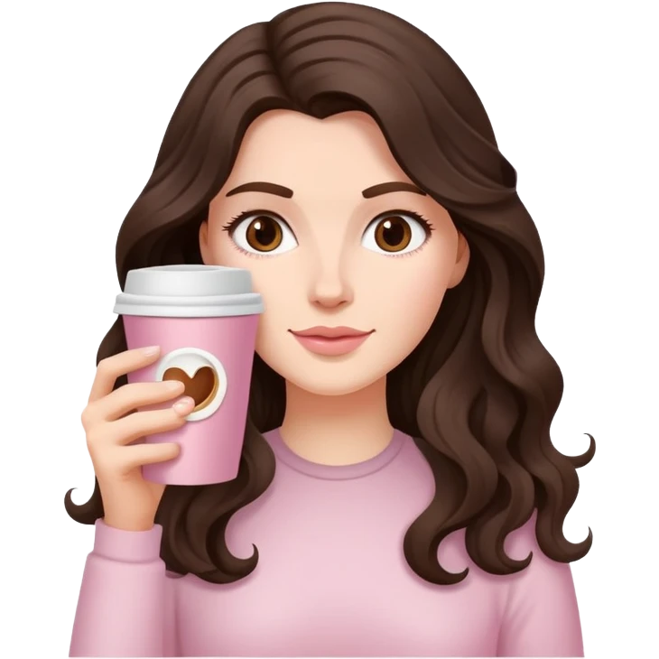 A white girl with long dark brown wave hair and a pale pink paper cup of coffee emoji