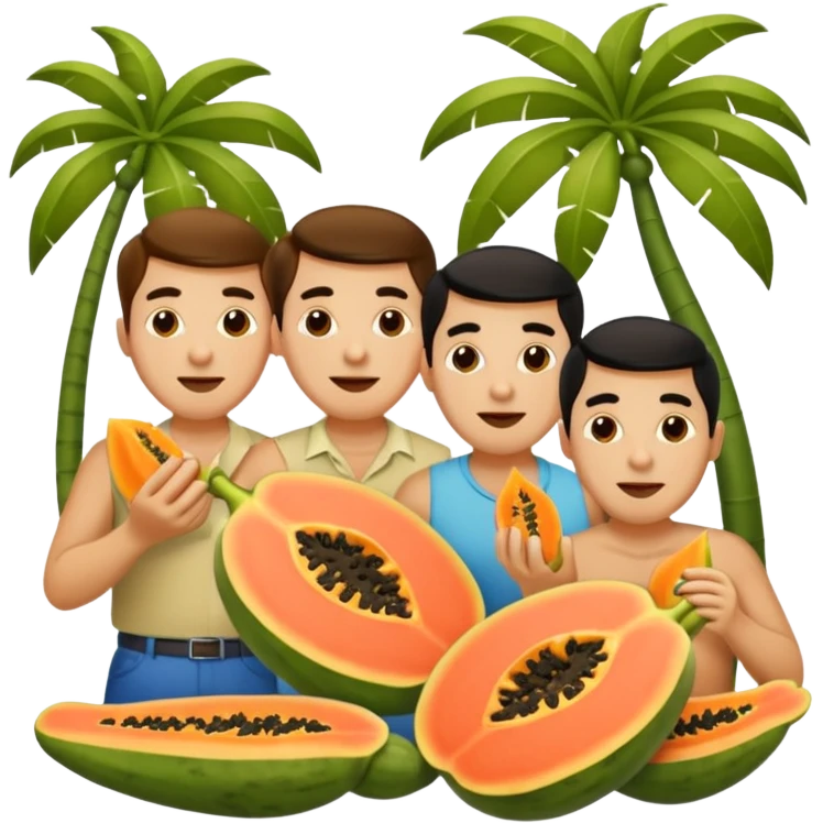 3 hombres comiendo papaya partida en 2 partes emoji