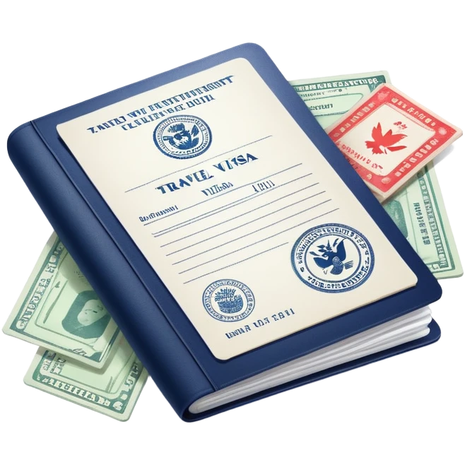 Travel visa document with stamps and passport emoji