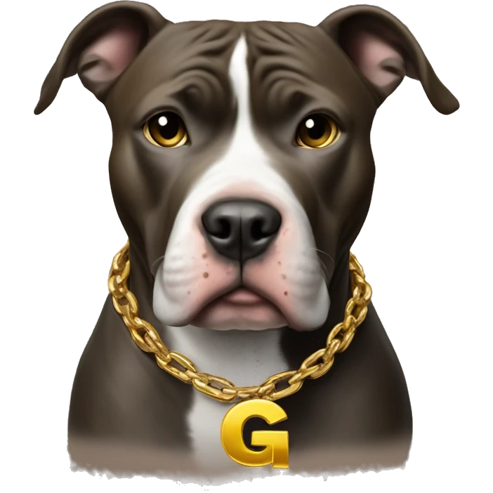 A dog pitbull with a big gold chain on that says G-UNIT emoji
