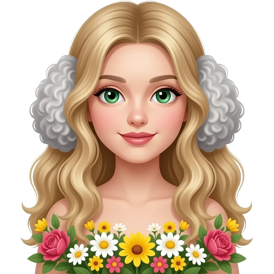 A beautiful girl with green eyes and-long blonde wavy hair a silver curly standard size poodle in the flowers emoji