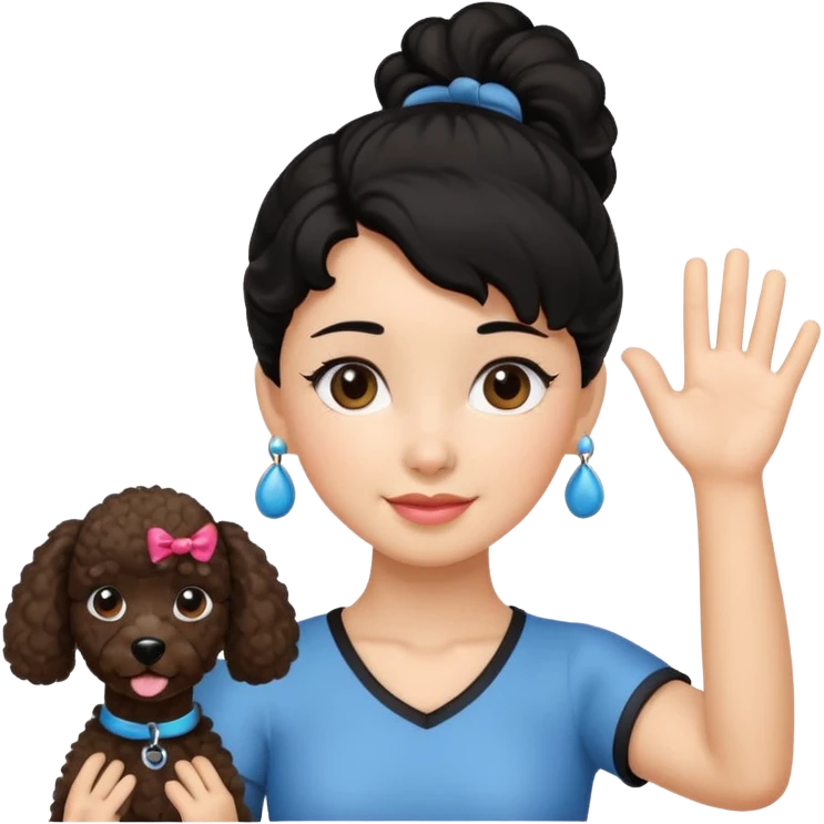 Ponytail black hair girl with brown Poodle say goodbye  emoji