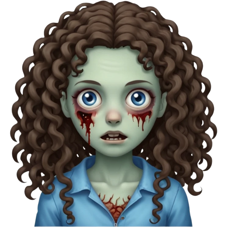 a zombie girl, her hair is curly and brunette but it is long hair and her curls are more open, the color eyes is blue mix grey emoji