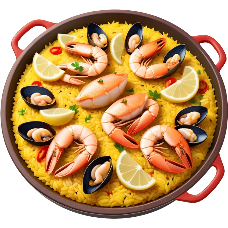 cinematic-realistic-paella-dish-emoji,-depicted-as-a-vibrant,-aromatic-rice-dish-loaded-with-seafood,-chicken,-and-saffron-rendered-with-rich-textures-and-dynamic,-warm-lighting with a lemon slice in the middle emoji