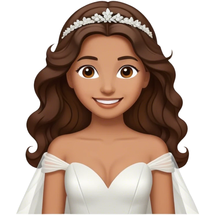 Tan, Dark Brown haired girl, long Hollywood wave hair, in white wedding dress smiling emoji