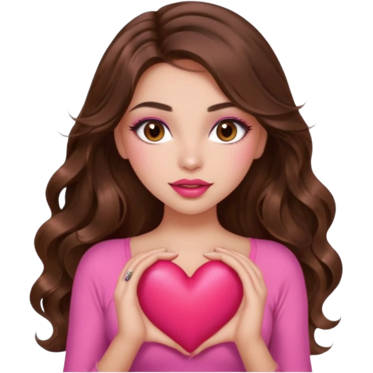 girl with long wavy brown hair, brown eyes, long lashes makeup, sexy pink lips, light to medium complexion, wearing a pink sexy top, squeezing a big heart emoji