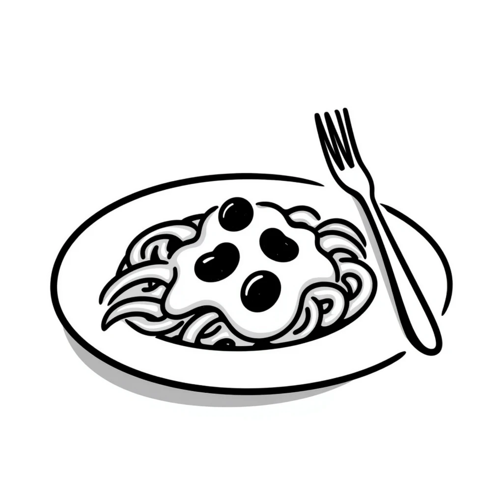 spaghetti with hand-drawn lines, playful emoji