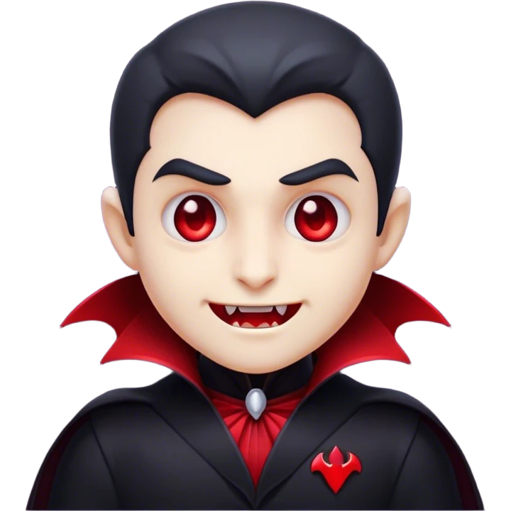 Cinematic Cute Vampire Portrait Emoji, with a refined yet playful small, rounded pale face accented by tiny, cute fangs and bright, twinkling eyes, sporting miniature elegant dark attire with a hint of crimson, simplified yet irresistibly charming, highly detailed with a soft glowing outline that captures the delightful duality of spooky sweetness and stylish allure! emoji