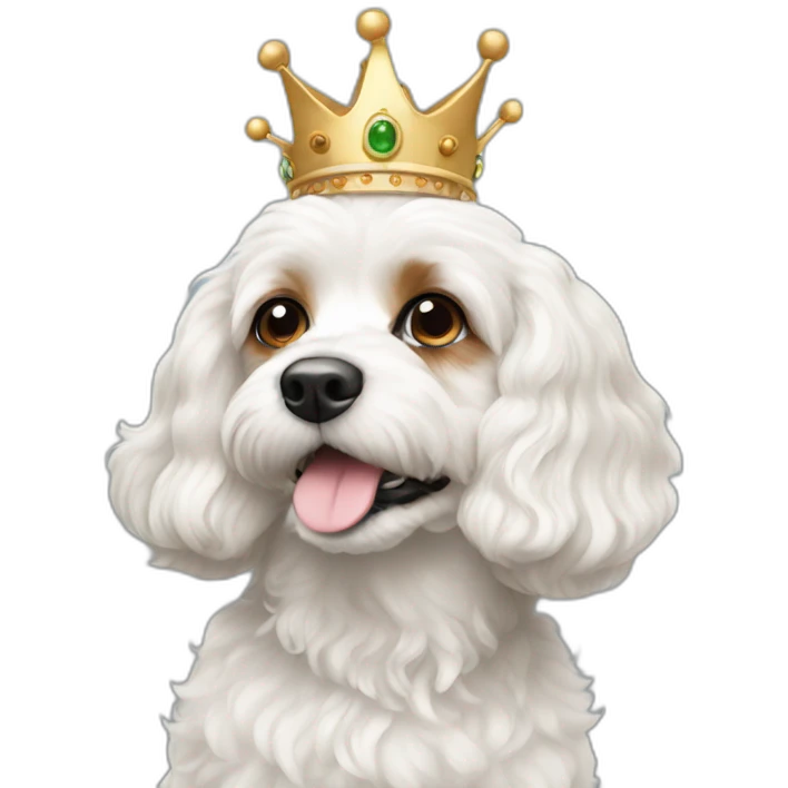 White cavapoo with a crown emoji