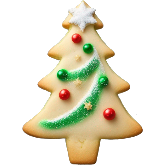 1 Layered sugar cookie shaped like a Christmas tree, dusted with powdered sugar and decorated with tiny ornaments emoji