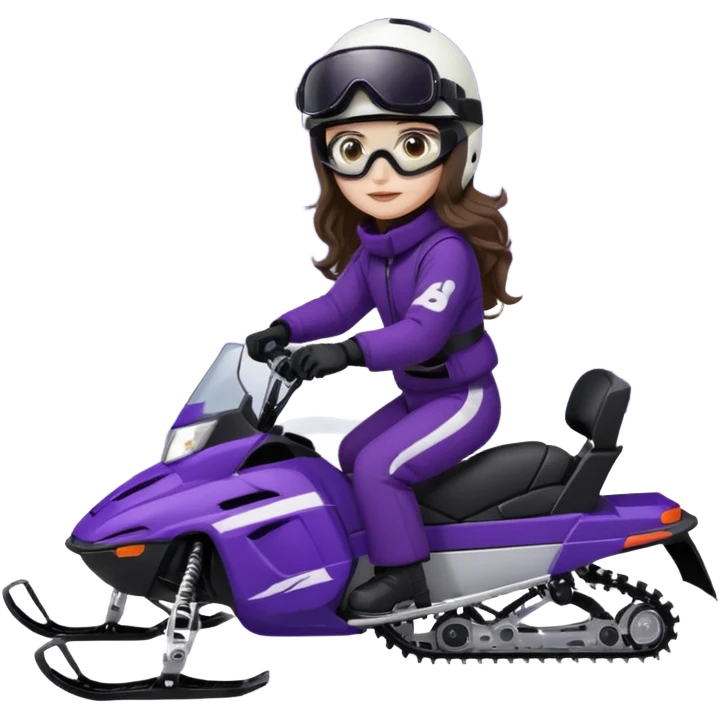 dark purple snowmobile, me Sitting on snowmobile goggles and helmet not covering my face brown eyes long wavy hair white skin dark purple formula 1995 snowmobile change sled color dark purple and white not yellow Snowmobile helmet and goggles, not on my face pants black emoji