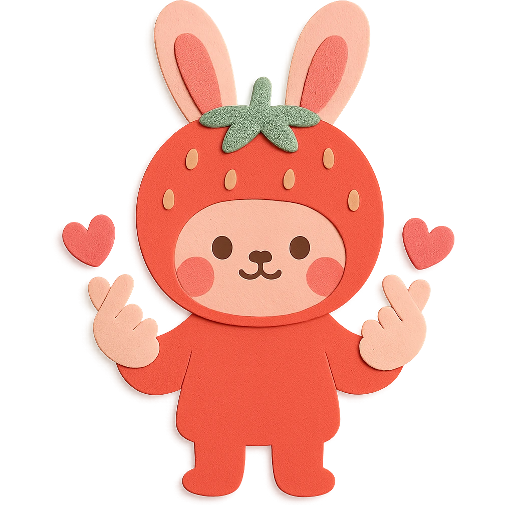 Full-body strawberry bunny in paper-craft style, both bunny ears clearly visible, making finger hearts, same cute expression and color palette as the reference. emoji