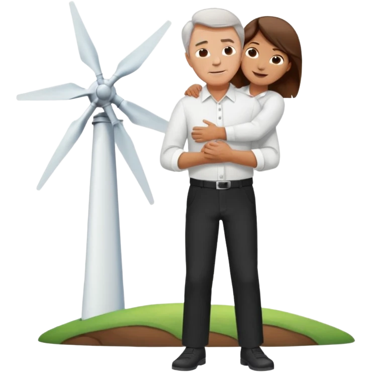 an older white man with brown hair and a white shirt and black pants hugging a wind turbine emoji
