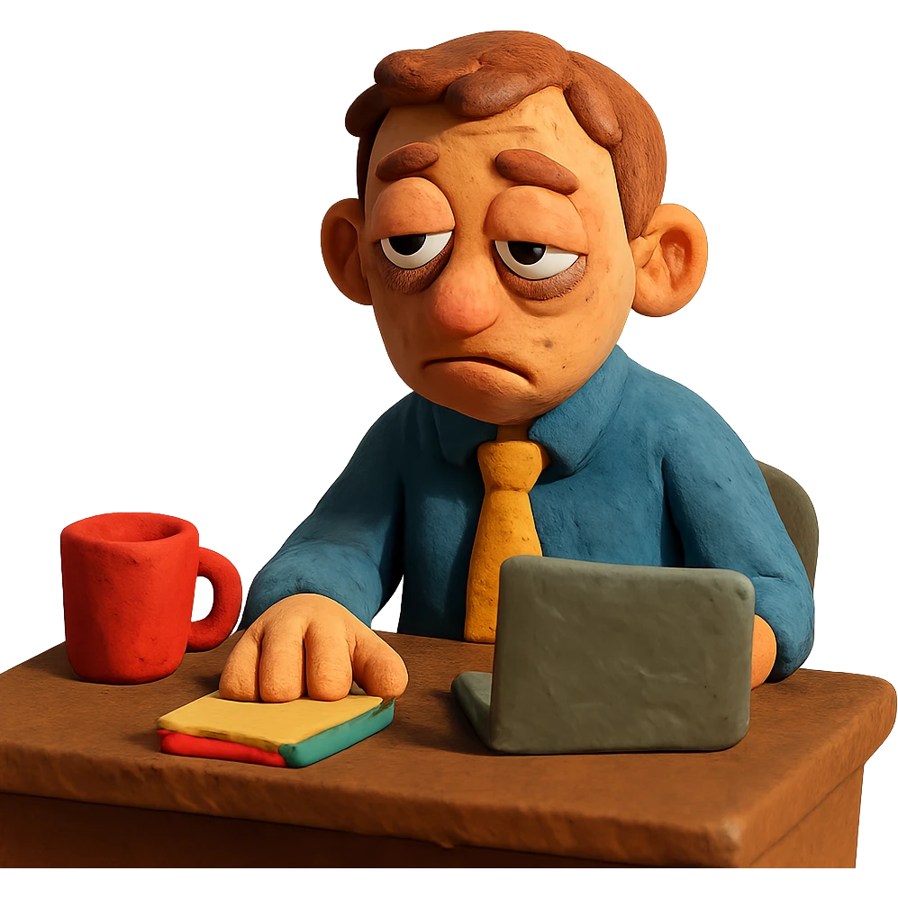 droopy-eyed worker at a desk in claymation style emoji