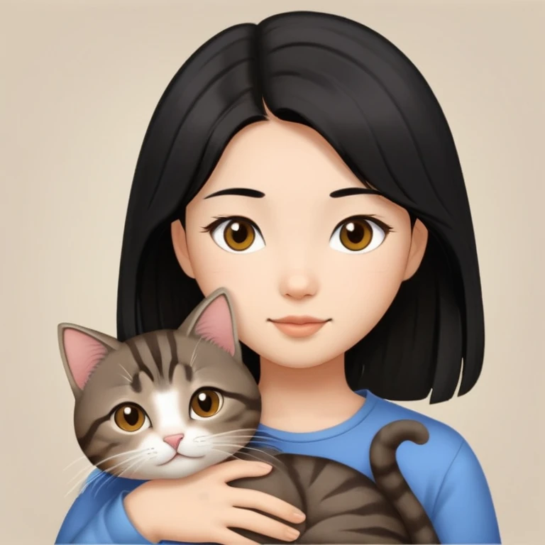 long hair asian girl snuggle with a short hair brown tabby cat emoji
