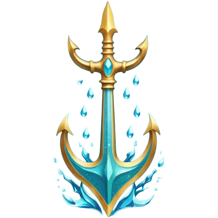 Cyan Poseidon's trident with glitter and water effects around it. emoji