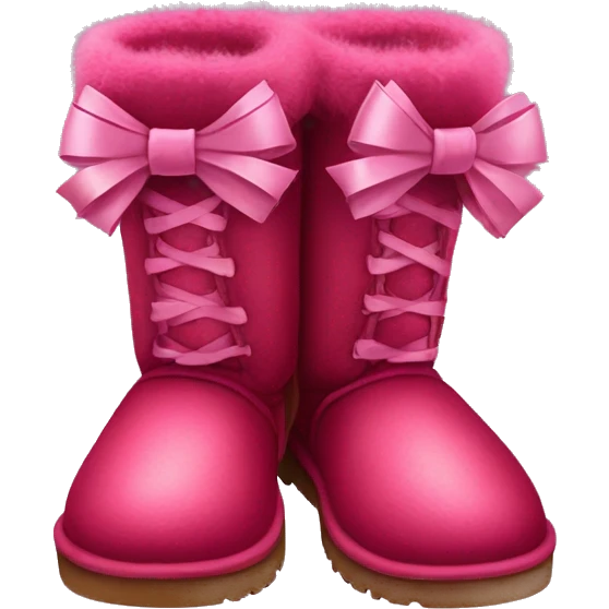 Realistic pair of raspberry color Ugg fur boots laced up with ribbon bows. emoji
