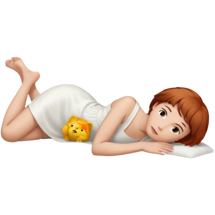 a woman, alone, short hair, light skin, auburn hair, laying on her side, facing away, full body is visible, feet are down. do not include other people, faces, or characters emoji