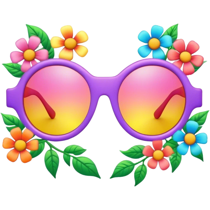 3D, psychedelic colored sunglasses with hippie style flowers emoji