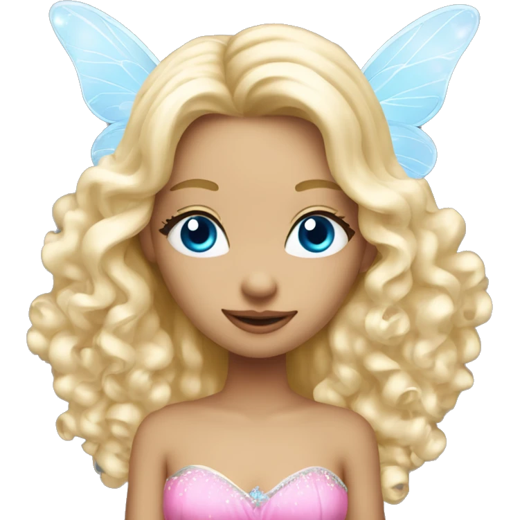 Fairy, a blonde hair with blue eyes and a pink dress with sparkly wings. White wings. The fairy has long and curly hair with a lot of volume emoji