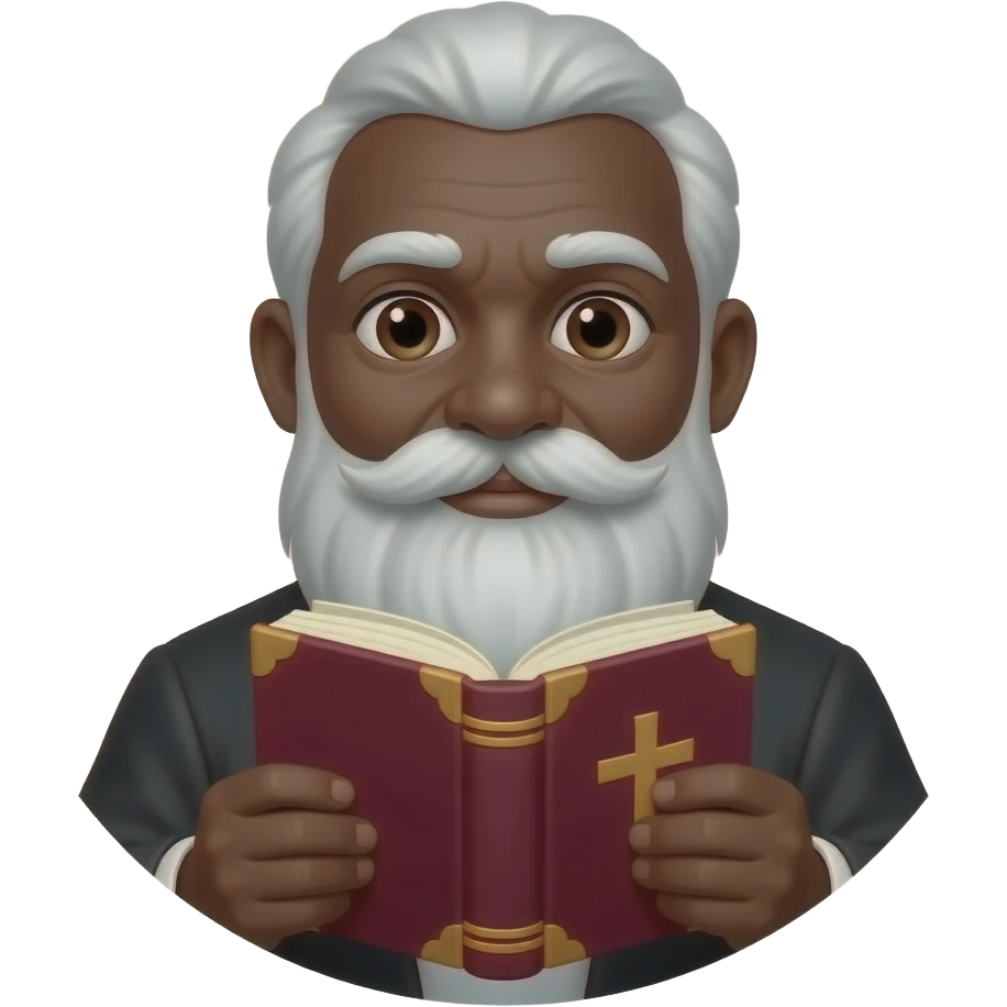 wise old man with greying white hair brown eyes white beard black skin with burgundy book that has a cross on it no circle emoji