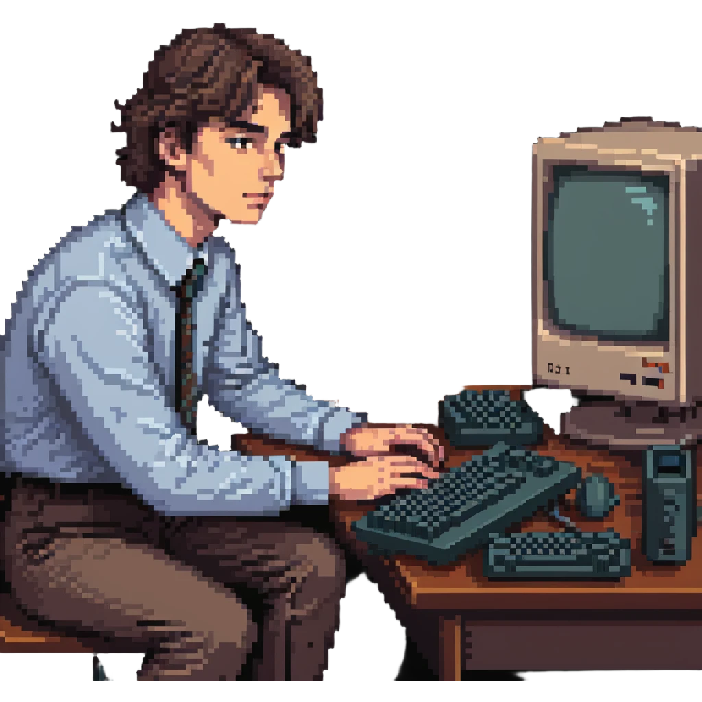 Young man sitting at desk with vintage desktop computer with large CRT monitor emoji