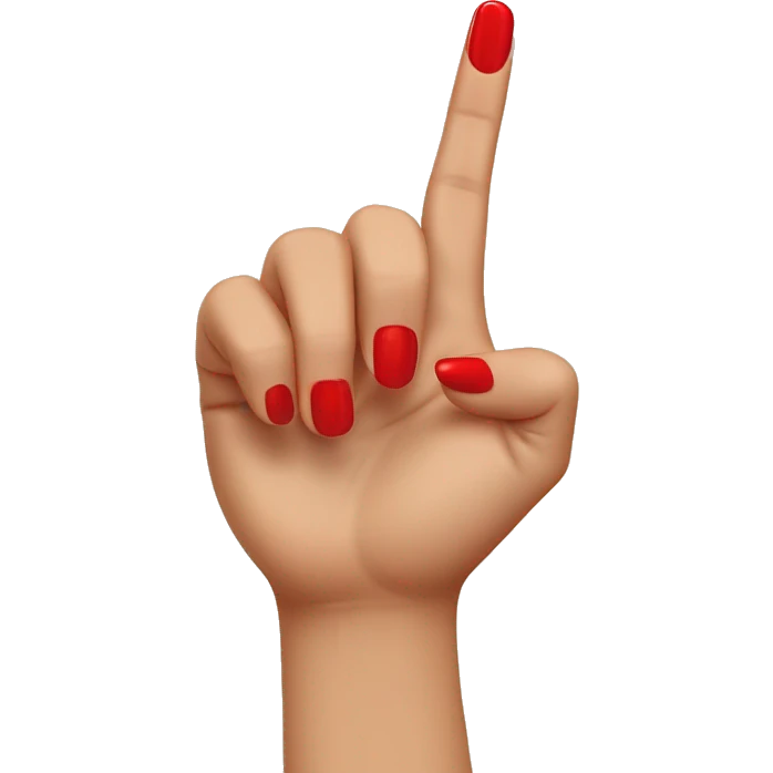 woman hand pointing index finger, red nail varnish. top of the hand is showing emoji