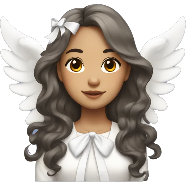 Pretty mixed Asian girl with long wavy hair with big angels wings and a white bow emoji