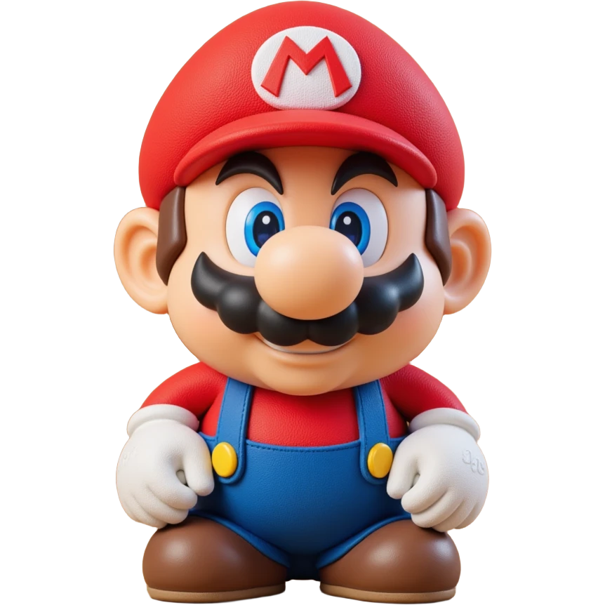 a worker in factoryA 3D-rendered head of a character inspired by Super Mario, facing slightly from front-left to right. The head should include his signature red cap with an ‘M’, large round nose, thick mustach emoji