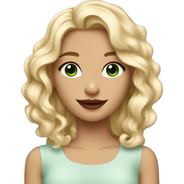 a blonde girl with greenish blueish eyes wavy hair smiling with nude red lips emoji