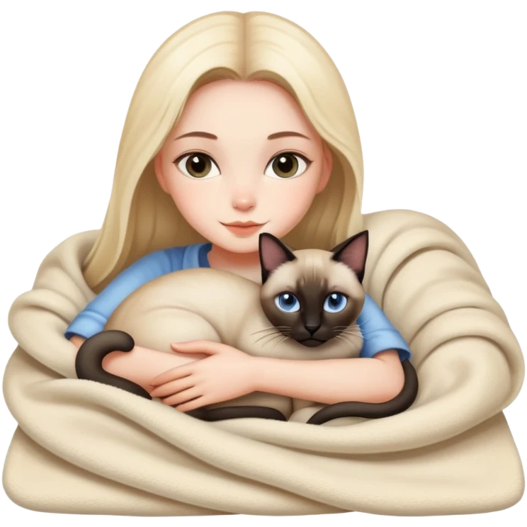 A beautiful girl hugs a Siamese cat on a blanket emoji