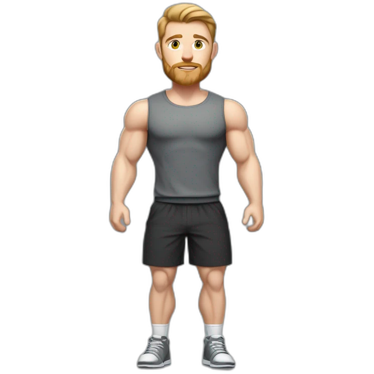 Full height Pale skinned fit man With biceps, Realistic eyes, light brown hair and very short beard In dark gray sleeveless mike, black oversize sports shorts, watch and white sneakers. emoji