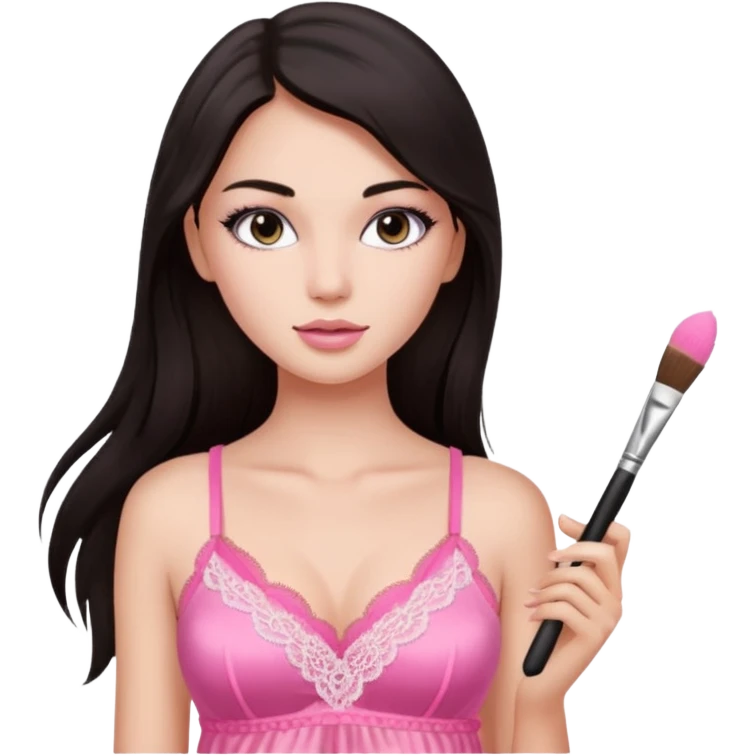 Dark long hair girl wearing pink victorias secret sleepwear that looks like a tank top with lace is holding a normal makeup brush. emoji