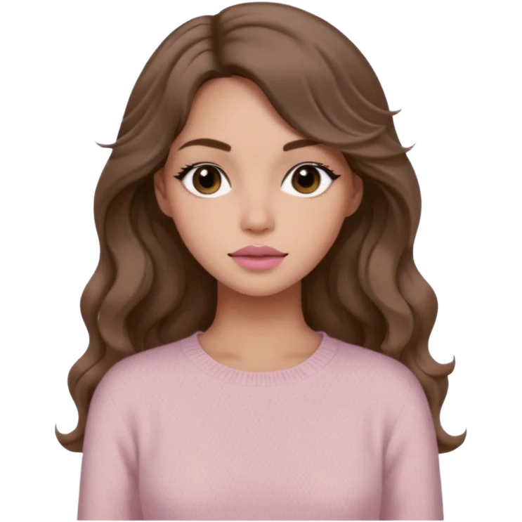 a woman with beige knit long sleeve top, her hair is long wavy brown hair, her face is soft girl style, her eyes color are black and the color of her lip is soft pink emoji